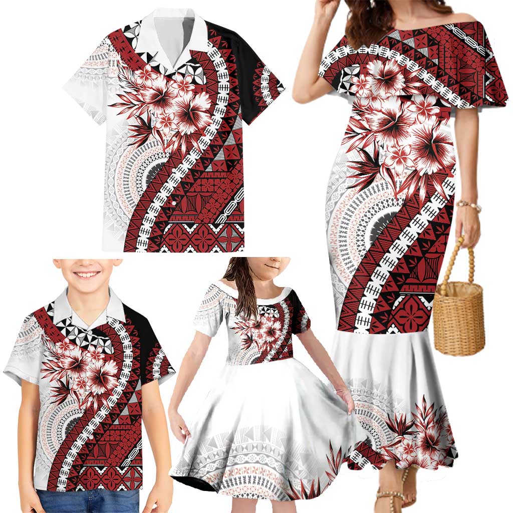 Bula Fiji Family Matching Mermaid Dress and Hawaiian Shirt White Kaivity Masi Tapa