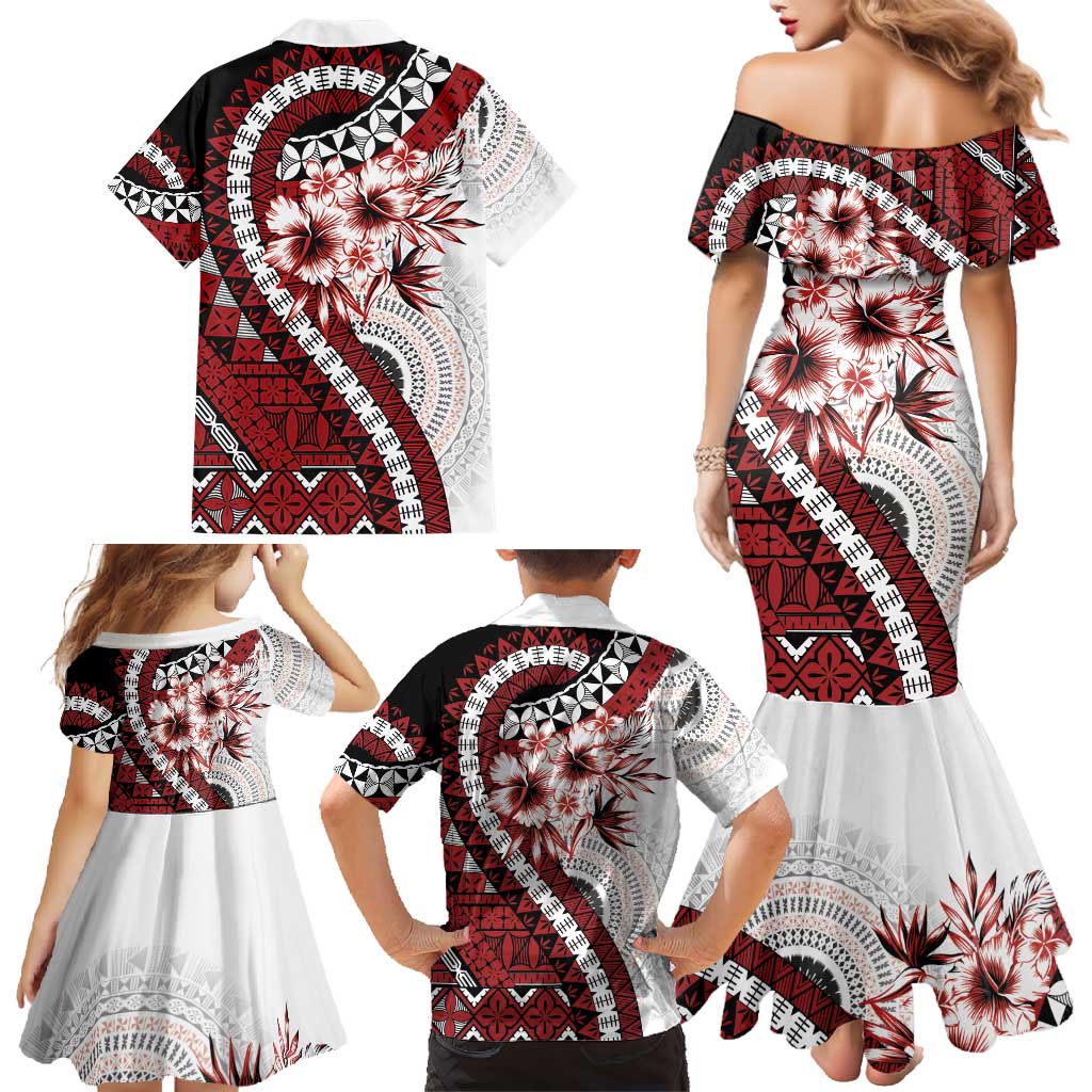 Bula Fiji Family Matching Mermaid Dress and Hawaiian Shirt White Kaivity Masi Tapa