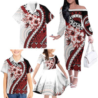 Bula Fiji Family Matching Off The Shoulder Long Sleeve Dress and Hawaiian Shirt White Kaivity Masi Tapa