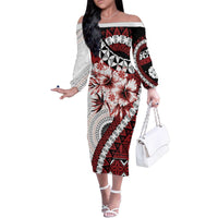 Bula Fiji Family Matching Off The Shoulder Long Sleeve Dress and Hawaiian Shirt White Kaivity Masi Tapa