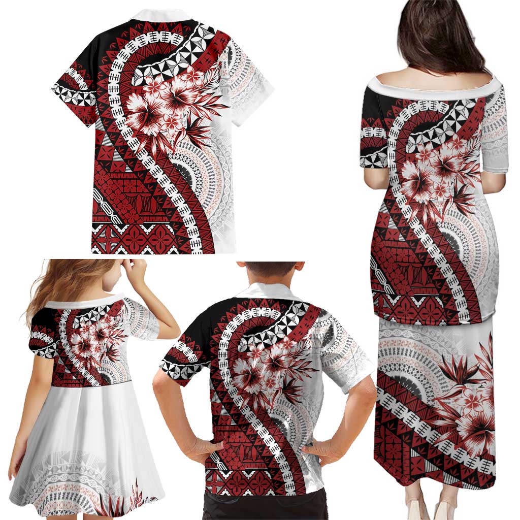 Bula Fiji Family Matching Puletasi and Hawaiian Shirt White Kaivity Masi Tapa