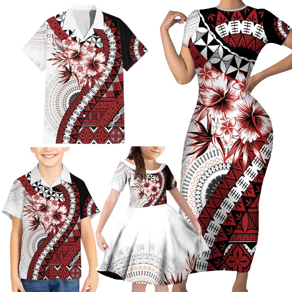 Bula Fiji Family Matching Short Sleeve Bodycon Dress and Hawaiian Shirt White Kaivity Masi Tapa