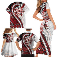 Bula Fiji Family Matching Short Sleeve Bodycon Dress and Hawaiian Shirt White Kaivity Masi Tapa