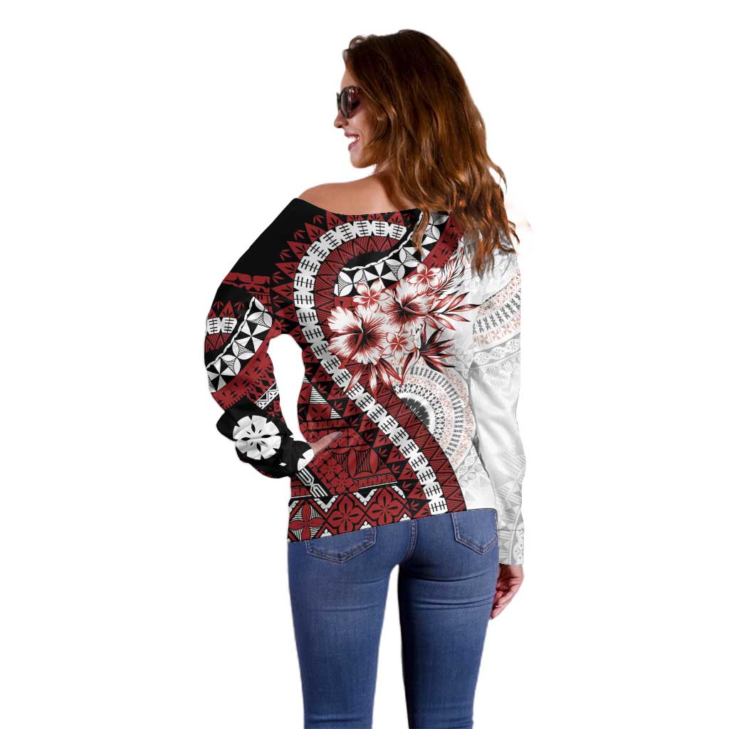 Bula Fiji Off Shoulder Sweater White Kaivity Masi Tapa