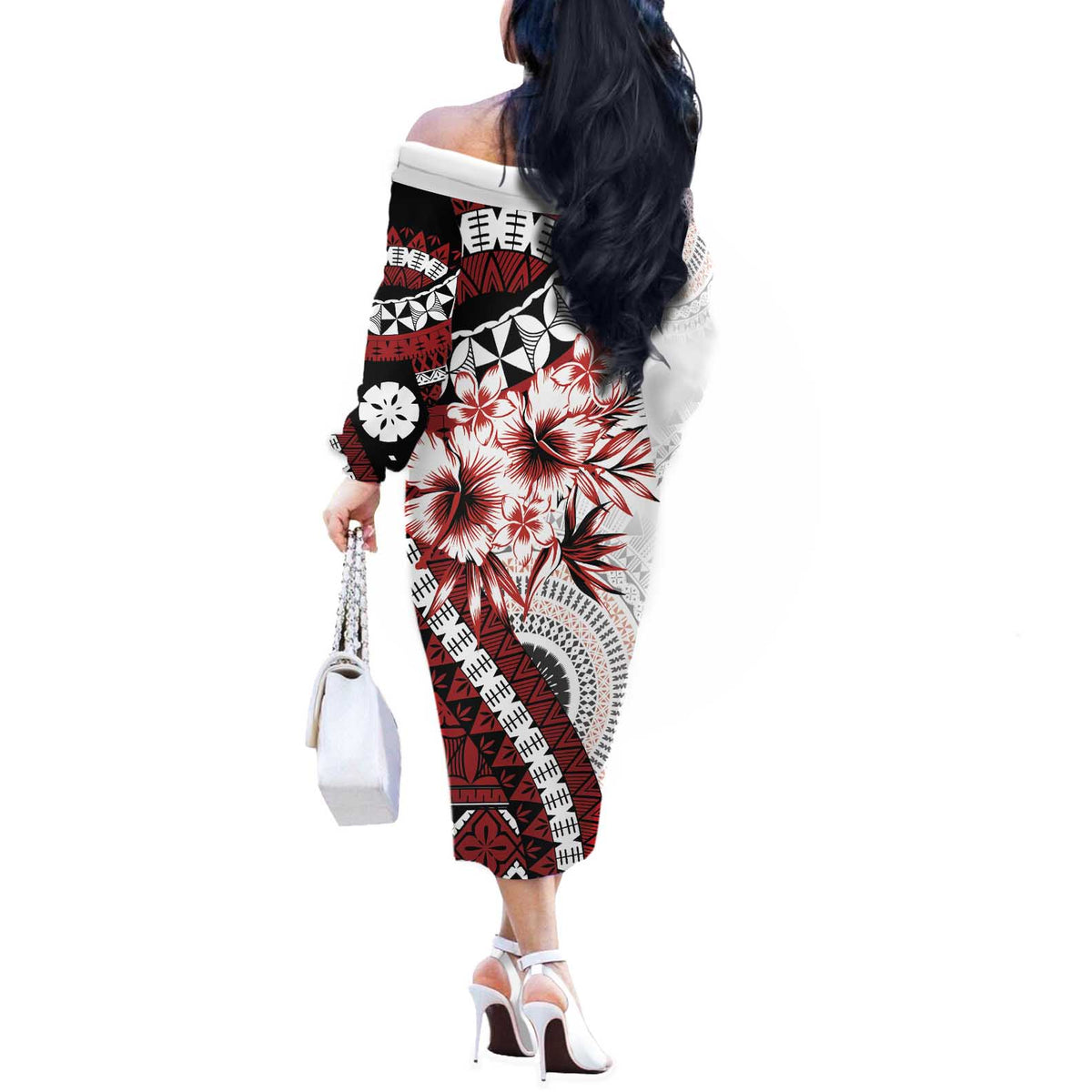 Bula Fiji Off The Shoulder Long Sleeve Dress White Kaivity Masi Tapa