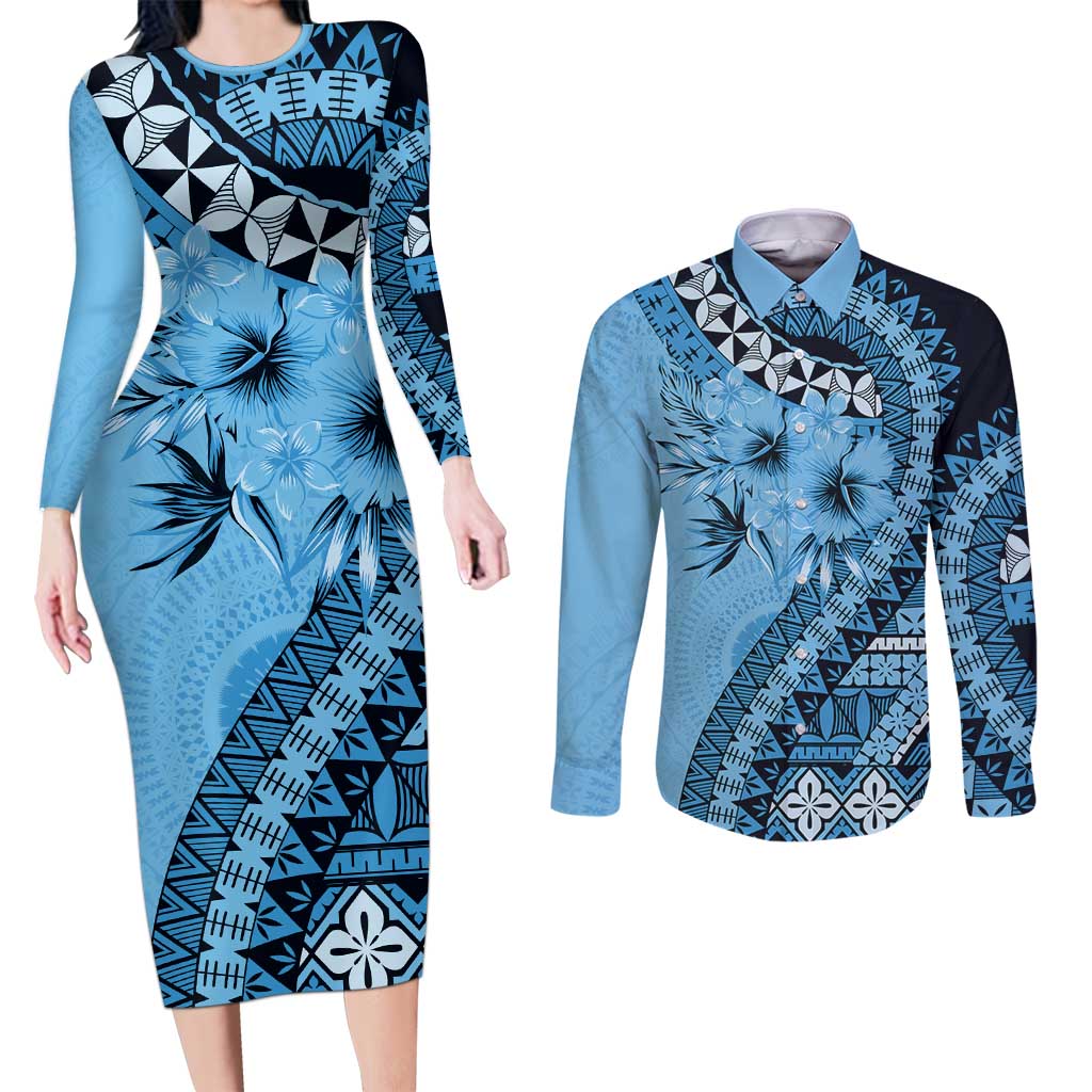 Bula Fiji Couples Matching Long Sleeve Bodycon Dress and Long Sleeve Button Shirt Turquoise Kaivity Masi Tapa