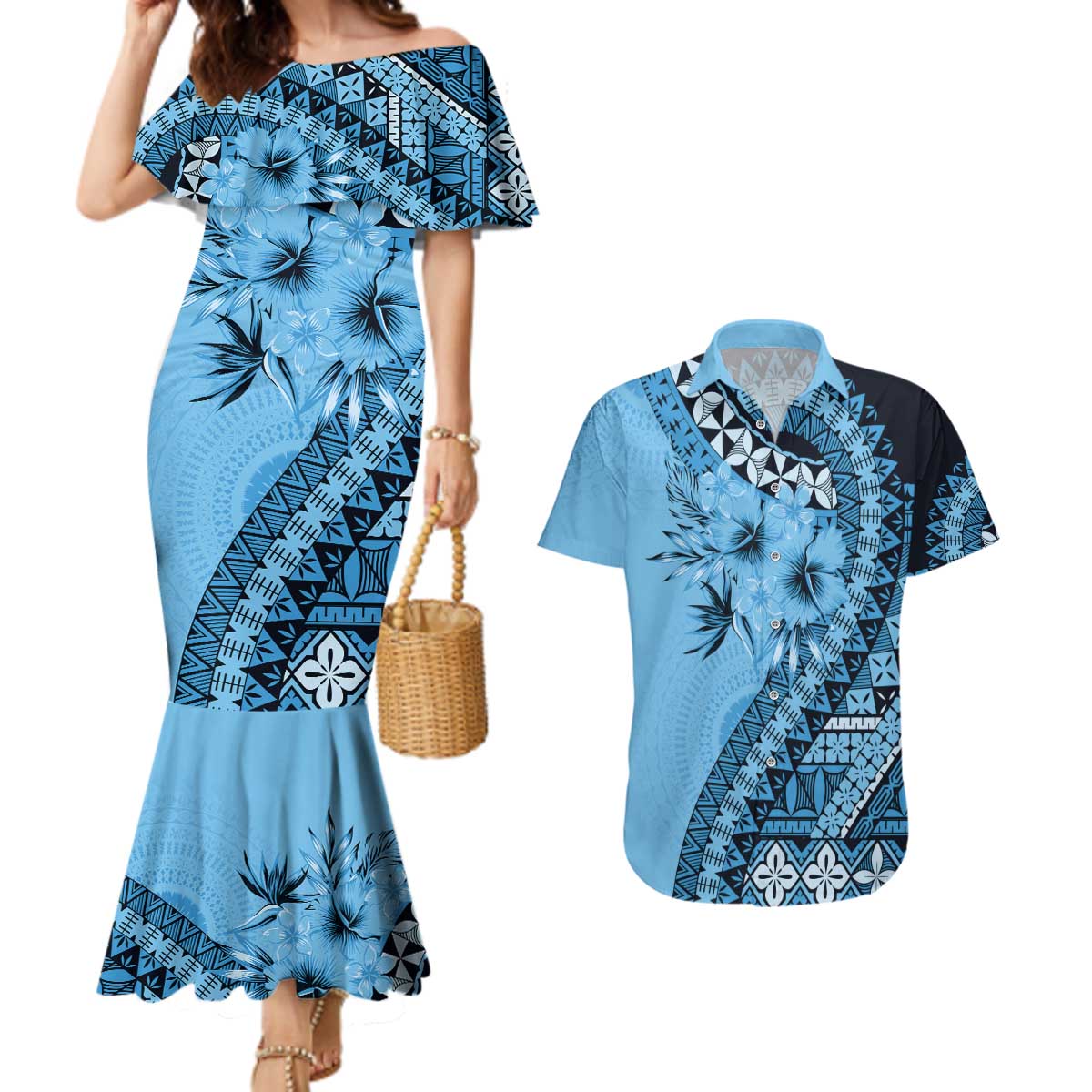 Bula Fiji Couples Matching Mermaid Dress and Hawaiian Shirt Turquoise Kaivity Masi Tapa