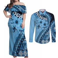 Bula Fiji Couples Matching Off Shoulder Maxi Dress and Long Sleeve Button Shirt Turquoise Kaivity Masi Tapa