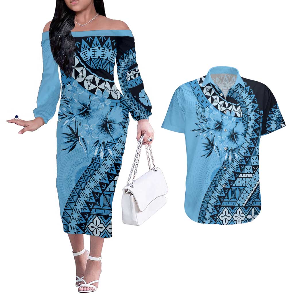 Bula Fiji Couples Matching Off The Shoulder Long Sleeve Dress and Hawaiian Shirt Turquoise Kaivity Masi Tapa