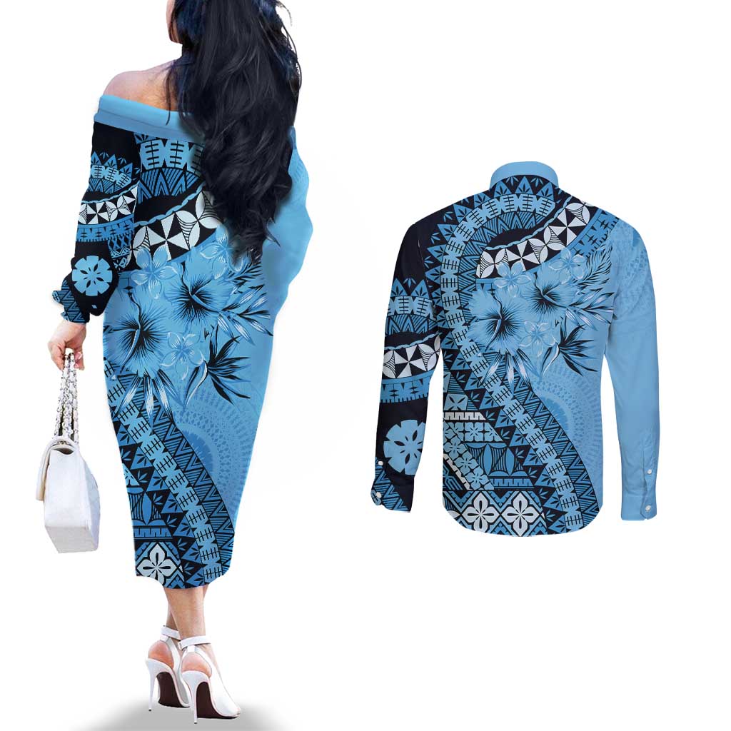 Bula Fiji Couples Matching Off The Shoulder Long Sleeve Dress and Long Sleeve Button Shirt Turquoise Kaivity Masi Tapa