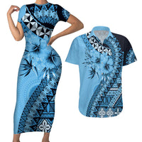 Bula Fiji Couples Matching Short Sleeve Bodycon Dress and Hawaiian Shirt Turquoise Kaivity Masi Tapa