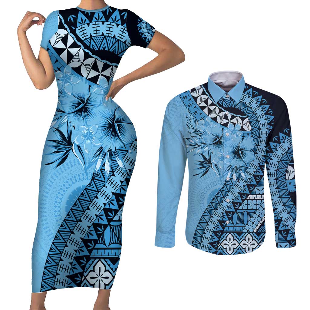 Bula Fiji Couples Matching Short Sleeve Bodycon Dress and Long Sleeve Button Shirt Turquoise Kaivity Masi Tapa