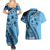 Bula Fiji Couples Matching Summer Maxi Dress and Hawaiian Shirt Turquoise Kaivity Masi Tapa