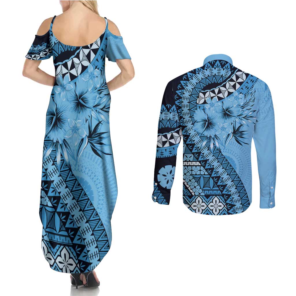 Bula Fiji Couples Matching Summer Maxi Dress and Long Sleeve Button Shirt Turquoise Kaivity Masi Tapa