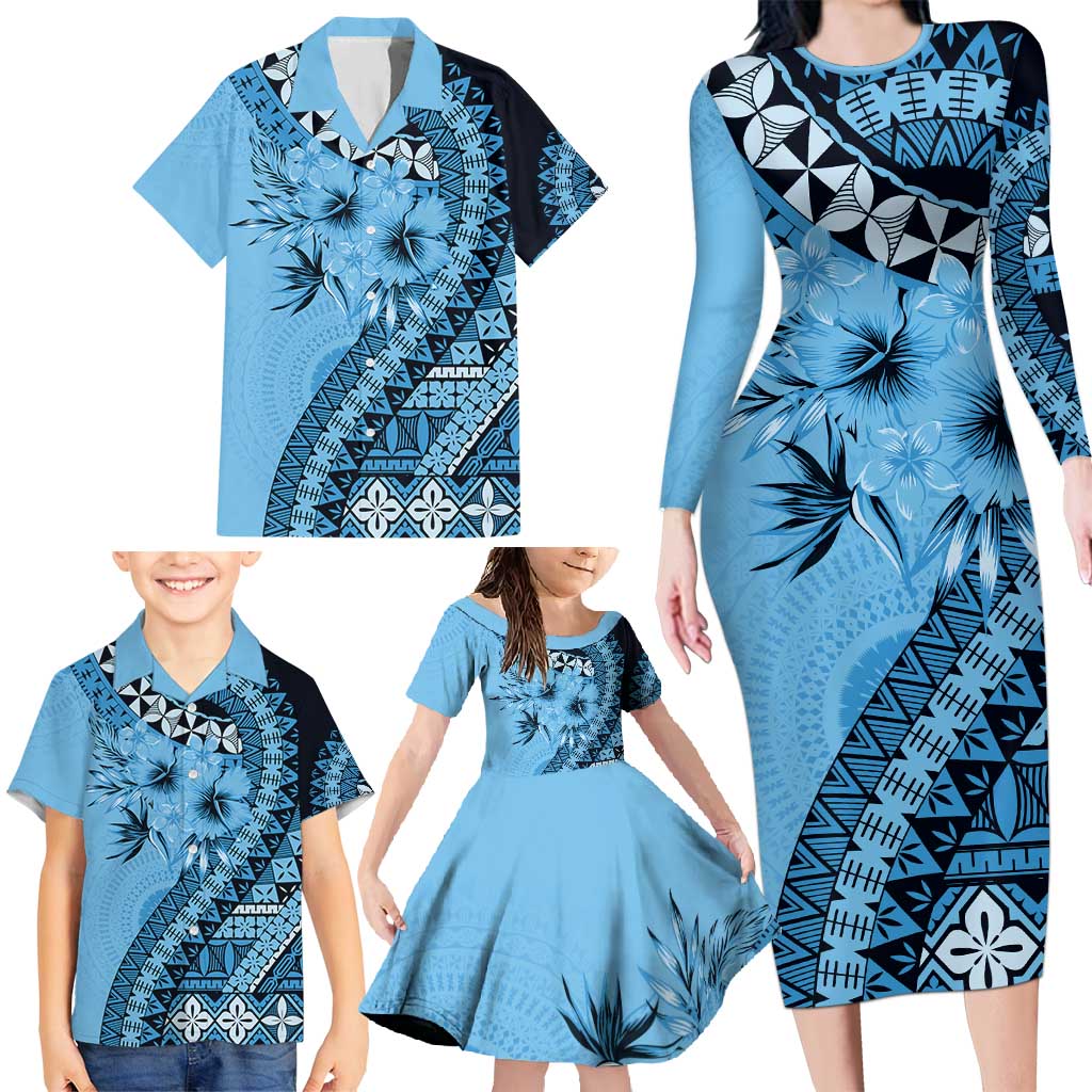 Bula Fiji Family Matching Long Sleeve Bodycon Dress and Hawaiian Shirt Turquoise Kaivity Masi Tapa