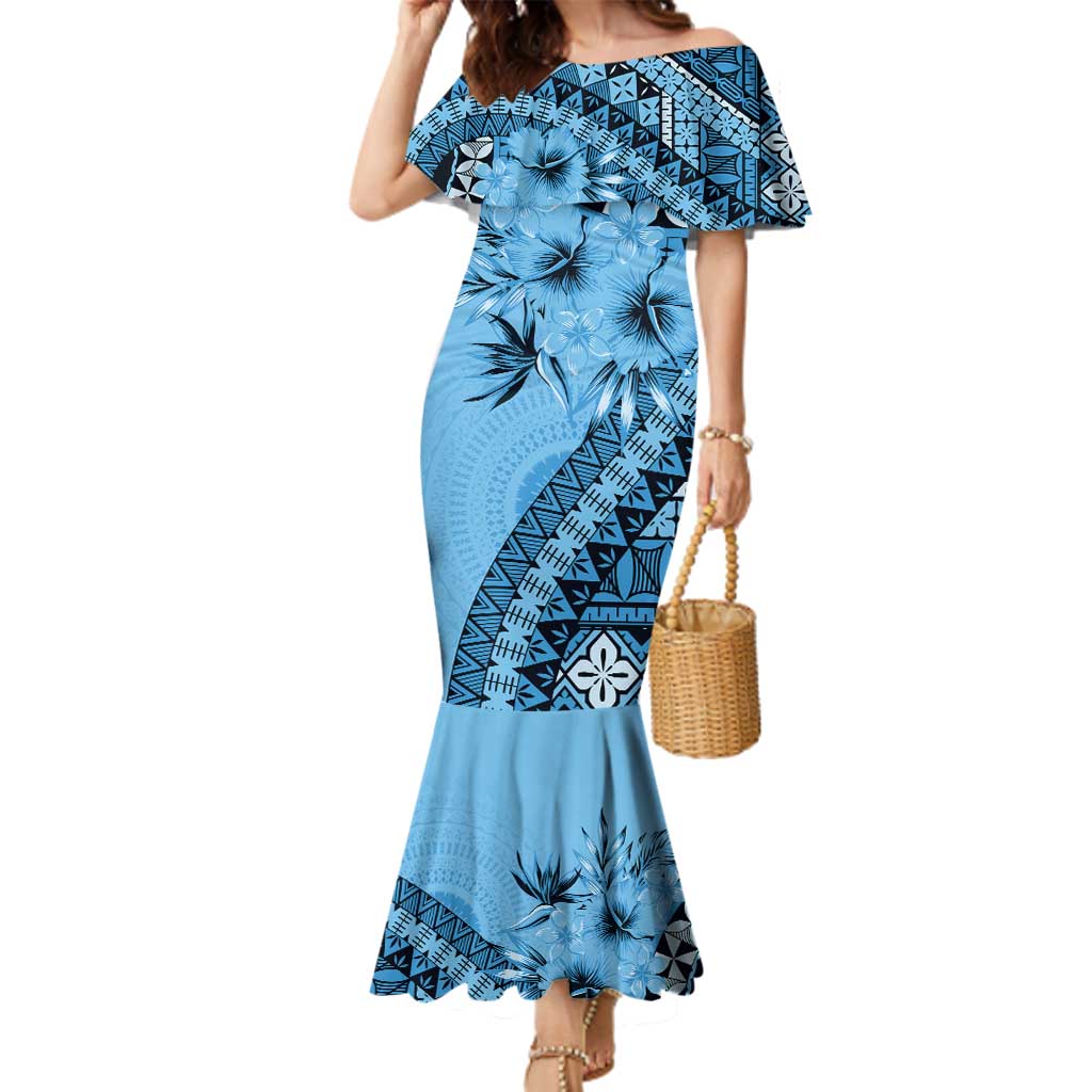 Bula Fiji Family Matching Mermaid Dress and Hawaiian Shirt Turquoise Kaivity Masi Tapa