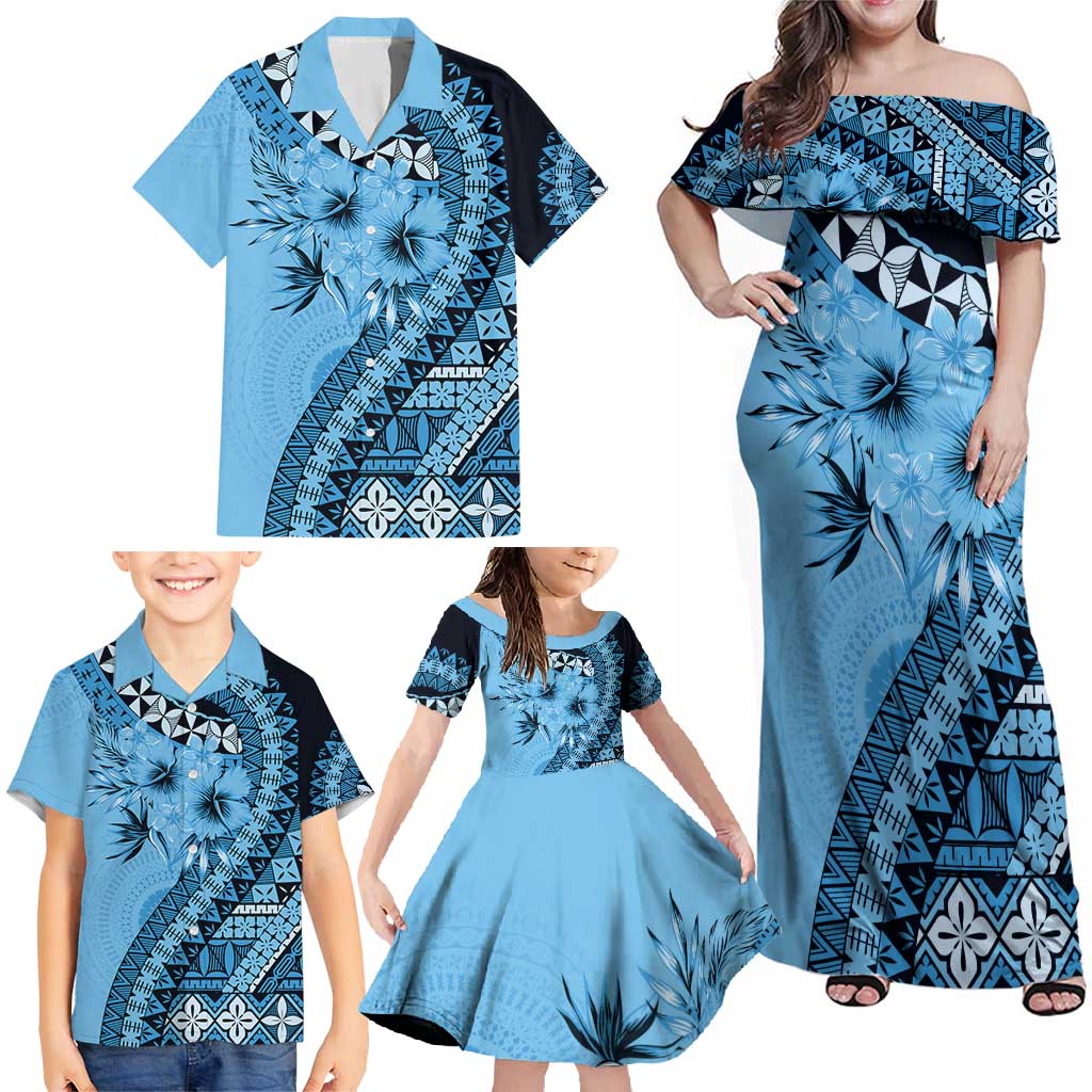 Bula Fiji Family Matching Off Shoulder Maxi Dress and Hawaiian Shirt Turquoise Kaivity Masi Tapa