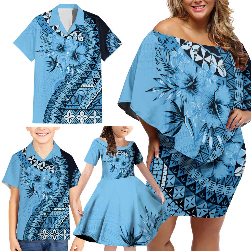 Bula Fiji Family Matching Off Shoulder Short Dress and Hawaiian Shirt Turquoise Kaivity Masi Tapa