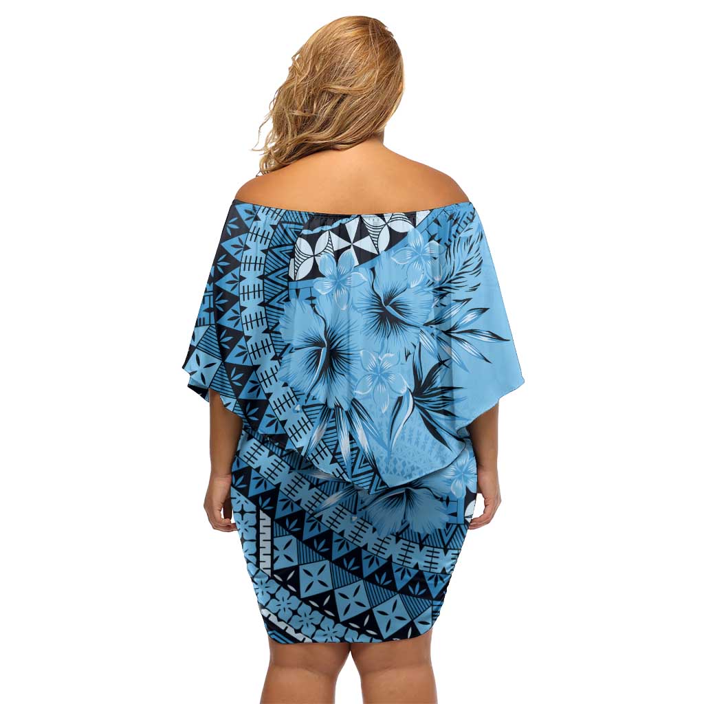 Bula Fiji Family Matching Off Shoulder Short Dress and Hawaiian Shirt Turquoise Kaivity Masi Tapa
