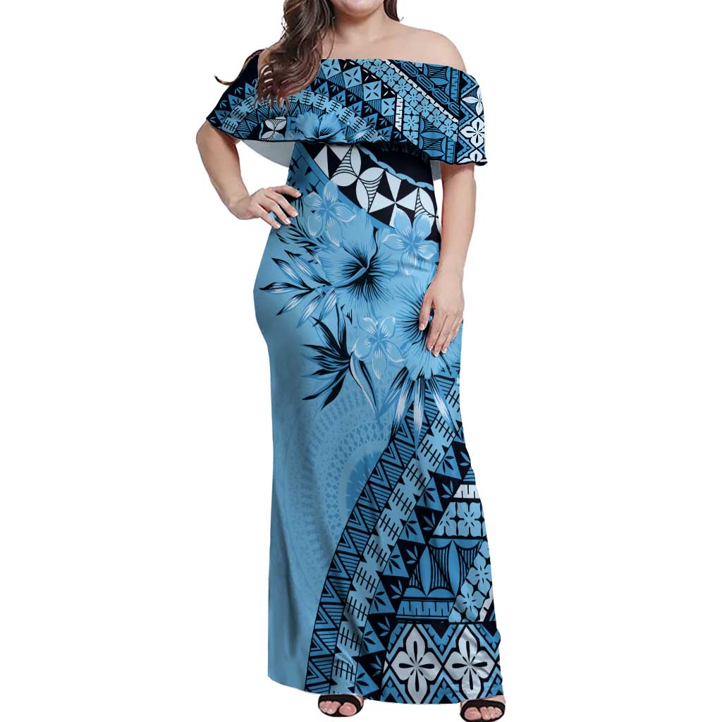 Bula Fiji Off Shoulder Maxi Dress Turquoise Kaivity Masi Tapa