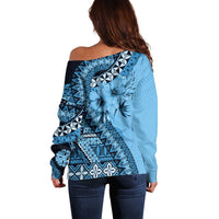 Bula Fiji Off Shoulder Sweater Turquoise Kaivity Masi Tapa