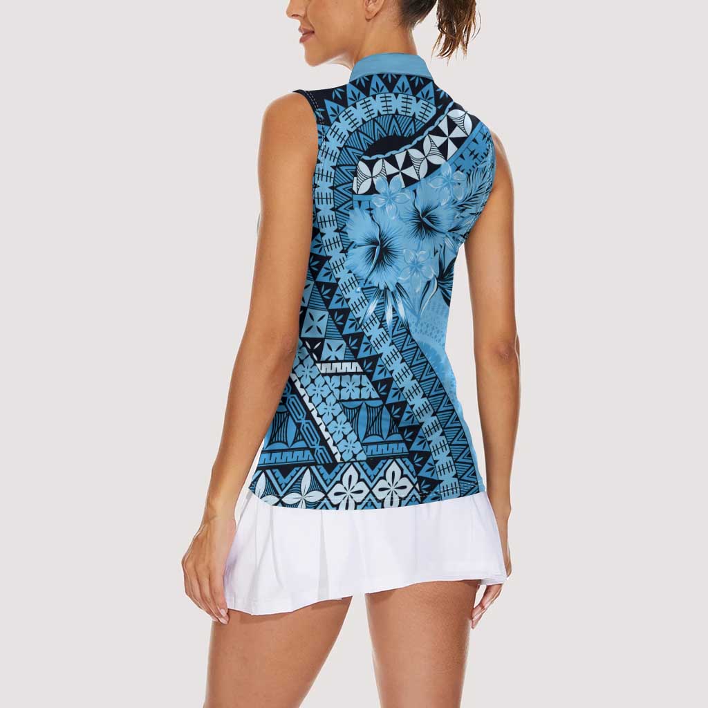 Bula Fiji Women Sleeveless Polo Shirt Turquoise Kaivity Masi Tapa