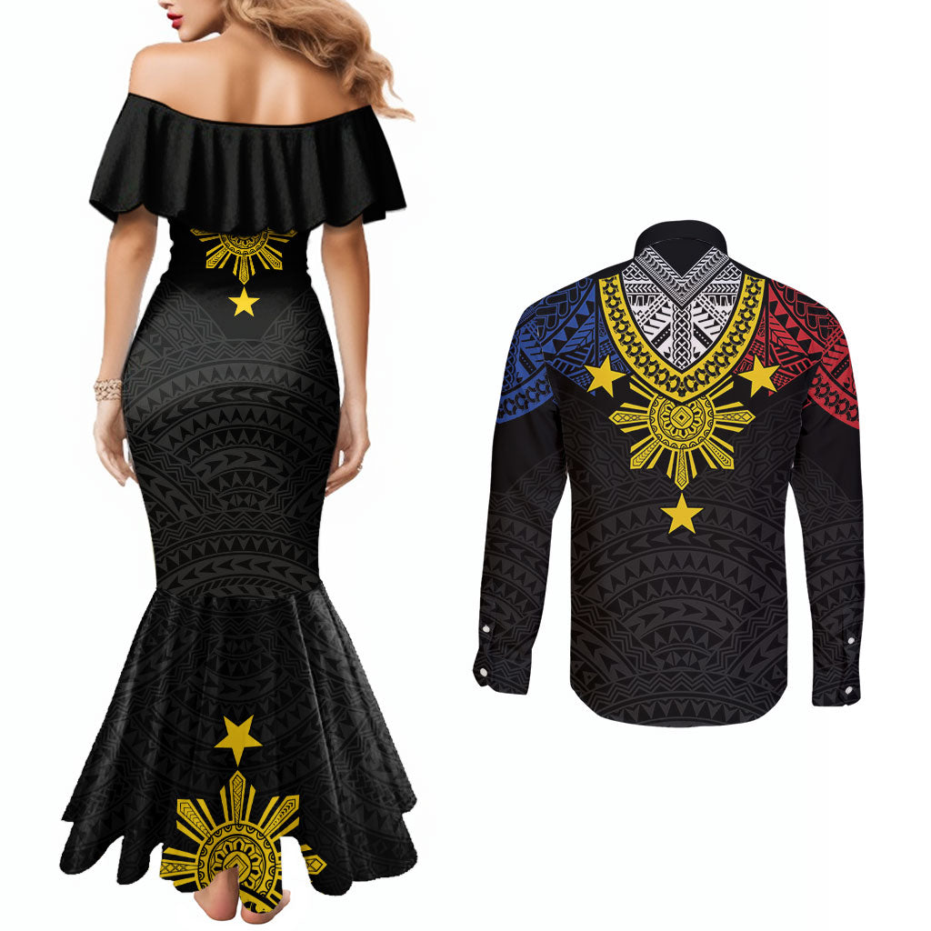 Philippines Heritage Baybayin Mix Polynesian Couples Matching Mermaid Dress and Long Sleeve Button Shirt