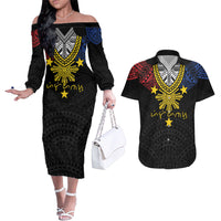 Philippines Heritage Baybayin Mix Polynesian Couples Matching Off The Shoulder Long Sleeve Dress and Hawaiian Shirt LT7 Black - Polynesian Pride