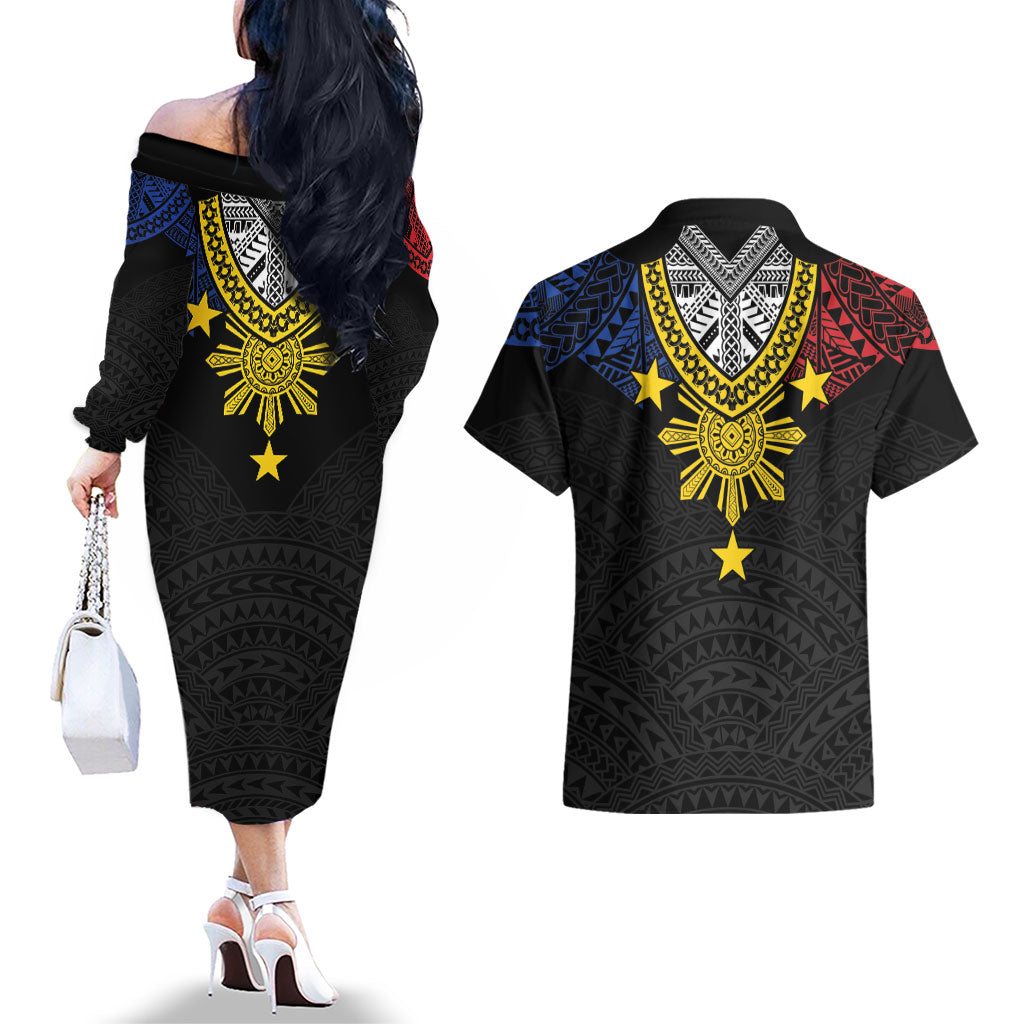 Philippines Heritage Baybayin Mix Polynesian Couples Matching Off The Shoulder Long Sleeve Dress and Hawaiian Shirt LT7 - Polynesian Pride