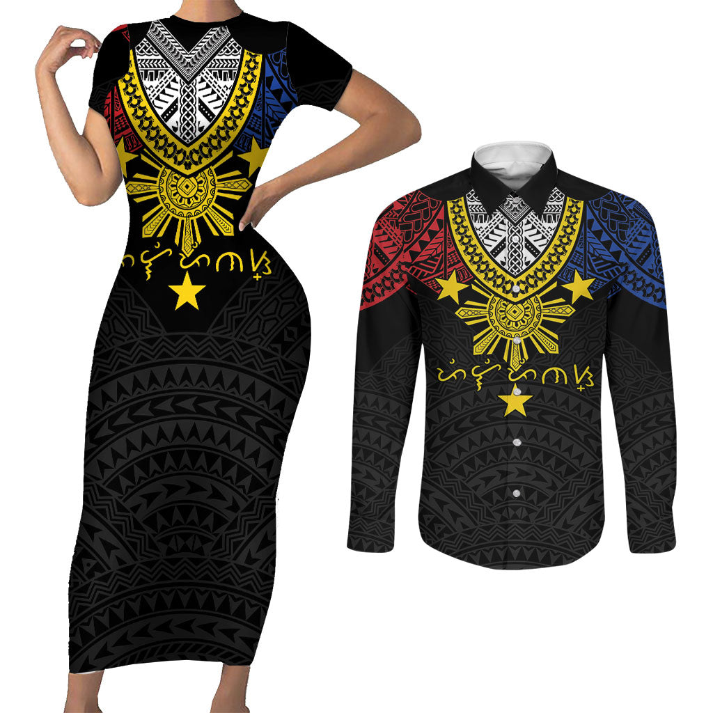 Philippines Heritage Baybayin Mix Polynesian Couples Matching Short Sleeve Bodycon Dress and Long Sleeve Button Shirt