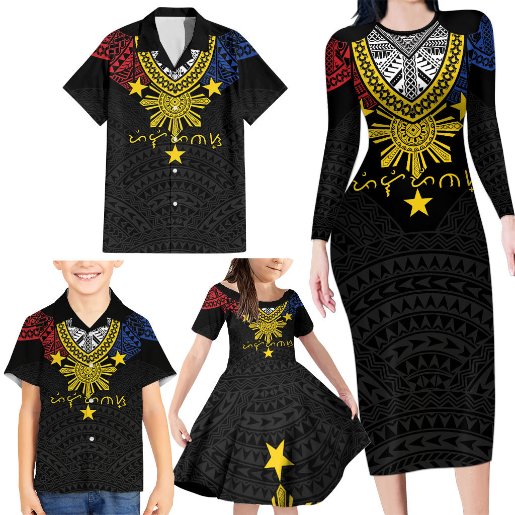 Philippines Heritage Baybayin Mix Polynesian Family Matching Long Sleeve Bodycon Dress and Hawaiian Shirt
