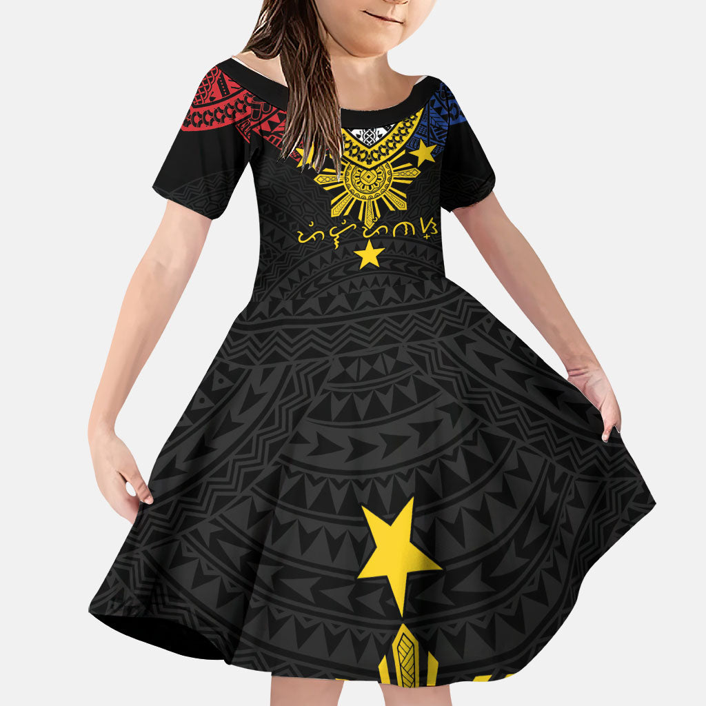 Philippines Heritage Baybayin Mix Polynesian Family Matching Summer Maxi Dress and Hawaiian Shirt LT7 Daughter's Dress Black - Polynesian Pride