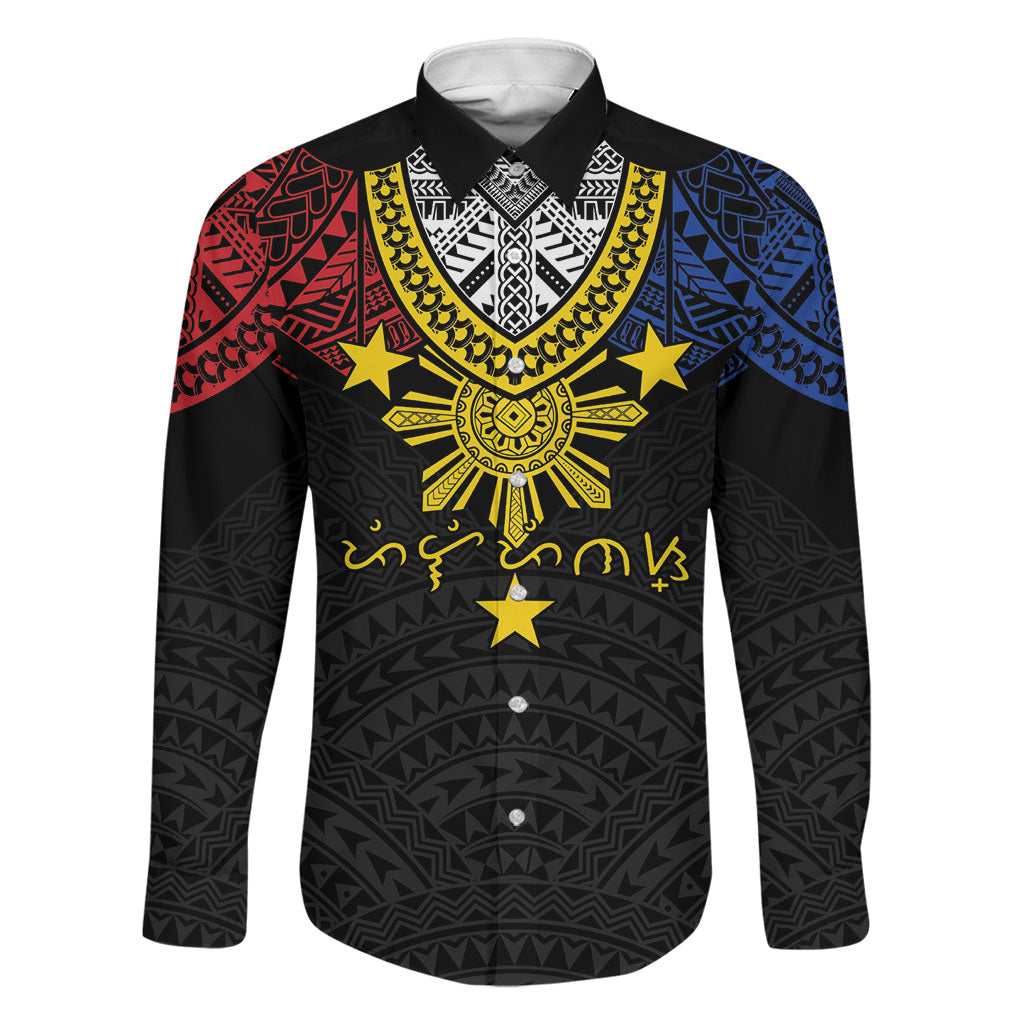 Philippines Heritage Baybayin Mix Polynesian Family Matching Summer Maxi Dress and Hawaiian Shirt LT7 Dad's Shirt - Long Sleeve Black - Polynesian Pride