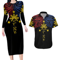 Philippines Heritage Personalized Couples Matching Long Sleeve Bodycon Dress and Hawaiian Shirt Baybayin Philipinas Sun