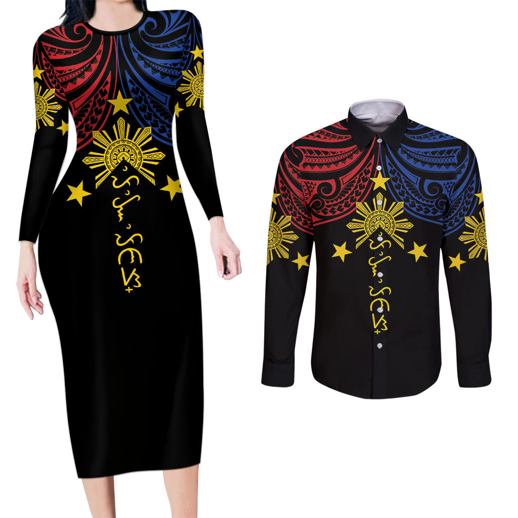 Philippines Heritage Personalized Couples Matching Long Sleeve Bodycon Dress and Long Sleeve Button Shirt Baybayin Philipinas Sun LT7 Black - Polynesian Pride