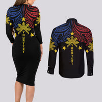Philippines Heritage Personalized Couples Matching Long Sleeve Bodycon Dress and Long Sleeve Button Shirt Baybayin Philipinas Sun LT7 - Polynesian Pride