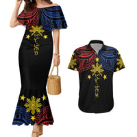 Philippines Heritage Personalized Couples Matching Mermaid Dress and Hawaiian Shirt Baybayin Philipinas Sun LT7 Black - Polynesian Pride