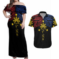 Philippines Heritage Personalized Couples Matching Off Shoulder Maxi Dress and Hawaiian Shirt Baybayin Philipinas Sun