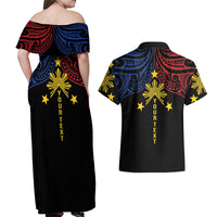 Philippines Heritage Personalized Couples Matching Off Shoulder Maxi Dress and Hawaiian Shirt Baybayin Philipinas Sun