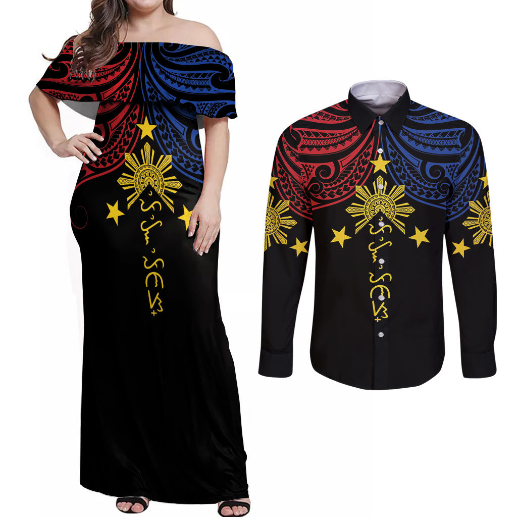 Philippines Heritage Personalized Couples Matching Off Shoulder Maxi Dress and Long Sleeve Button Shirt Baybayin Philipinas Sun