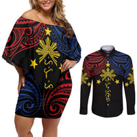 Philippines Heritage Personalized Couples Matching Off Shoulder Short Dress and Long Sleeve Button Shirt Baybayin Philipinas Sun