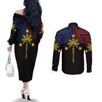 Philippines Heritage Personalized Couples Matching Off The Shoulder Long Sleeve Dress and Long Sleeve Button Shirt Baybayin Philipinas Sun