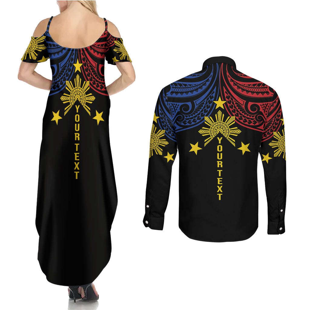 Philippines Heritage Personalized Couples Matching Summer Maxi Dress and Long Sleeve Button Shirt Baybayin Philipinas Sun