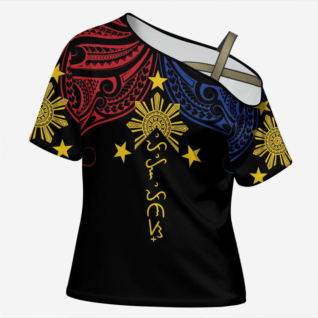 Philippines Heritage Personalized Cross Shoulder Shirt Baybayin Philipinas Sun