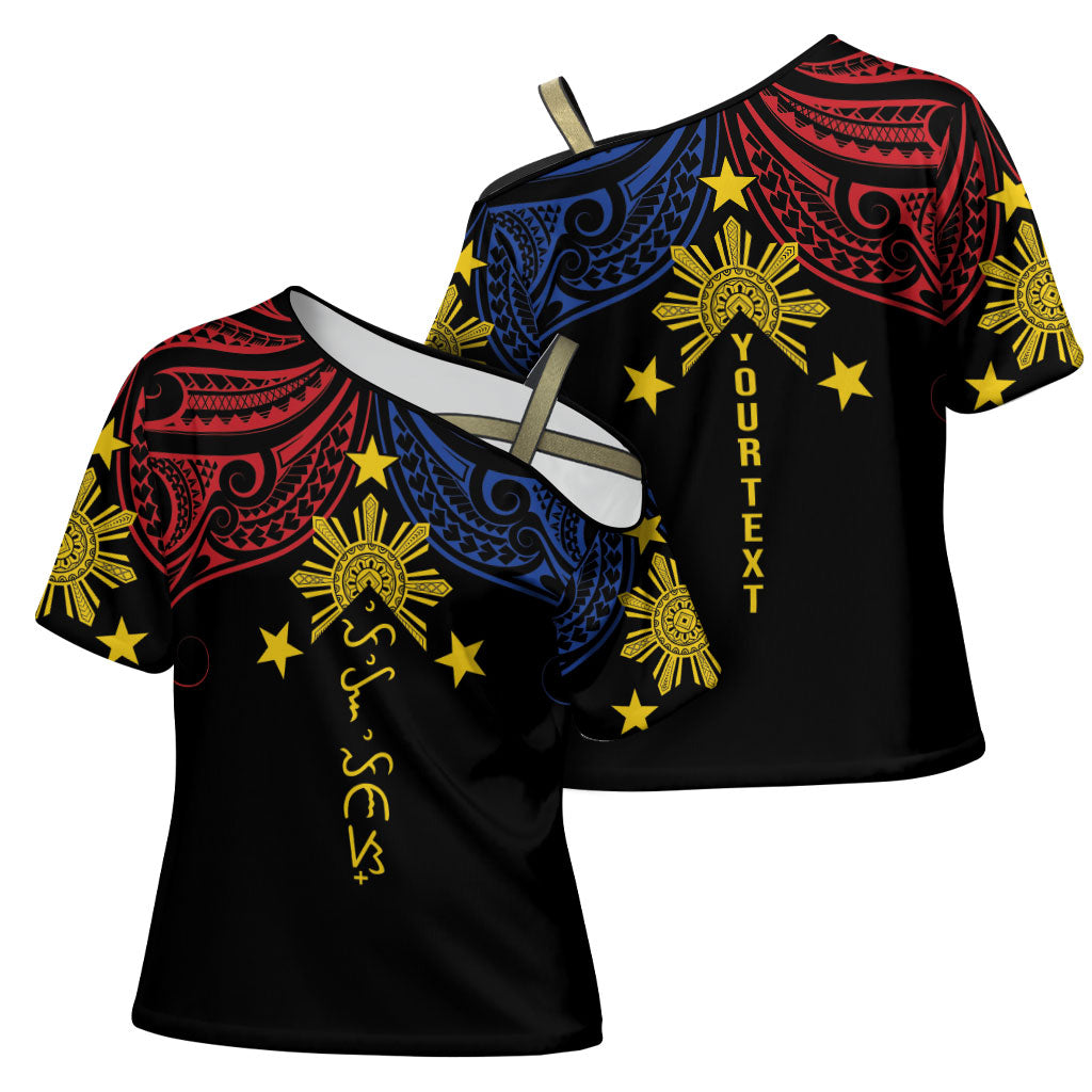 Philippines Heritage Personalized Cross Shoulder Shirt Baybayin Philipinas Sun