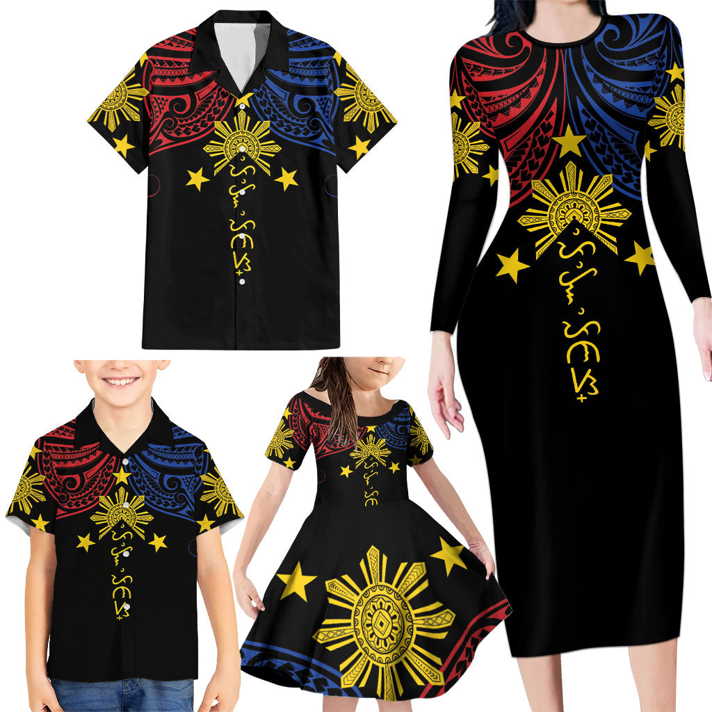 Philippines Heritage Personalized Family Matching Long Sleeve Bodycon Dress and Hawaiian Shirt Baybayin Philipinas Sun