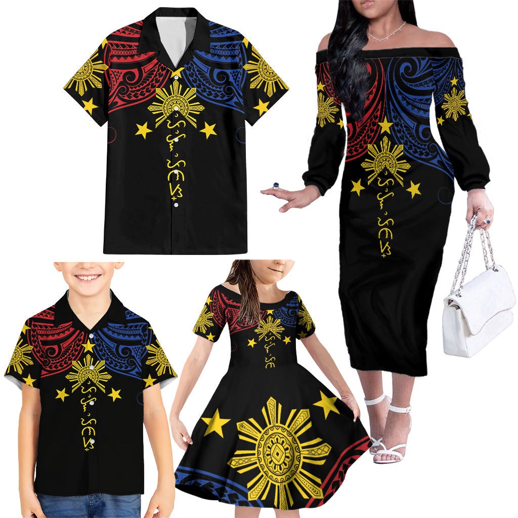 Philippines Heritage Personalized Family Matching Off The Shoulder Long Sleeve Dress and Hawaiian Shirt Baybayin Philipinas Sun