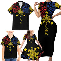 Philippines Heritage Personalized Family Matching Short Sleeve Bodycon Dress and Hawaiian Shirt Baybayin Philipinas Sun