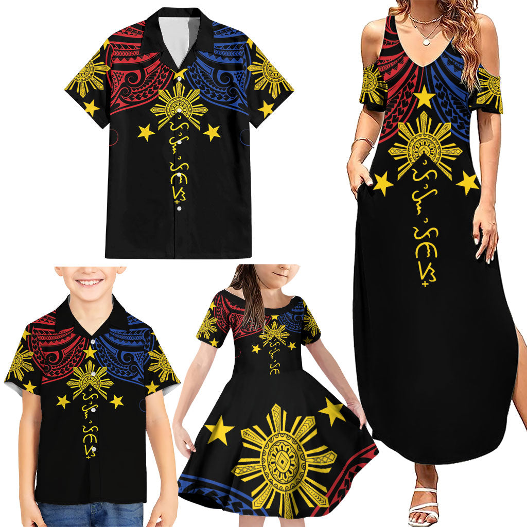 Philippines Heritage Personalized Family Matching Summer Maxi Dress and Hawaiian Shirt Baybayin Philipinas Sun
