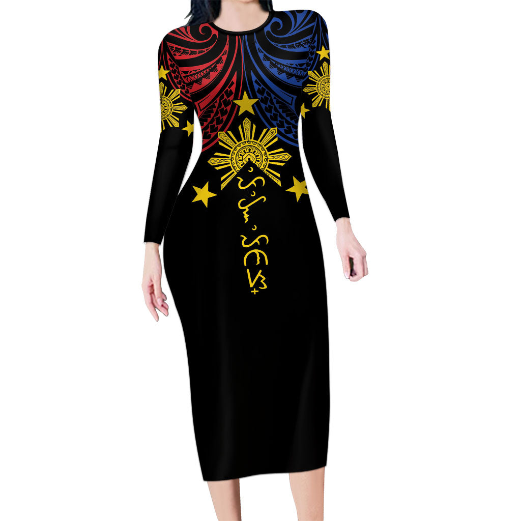Philippines Heritage Personalized Long Sleeve Bodycon Dress Baybayin Philipinas Sun